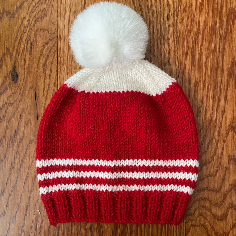 Christmas Handmade Knit Baby Hat with PomPoms,Red White Chunky Beanie(1-2 years)